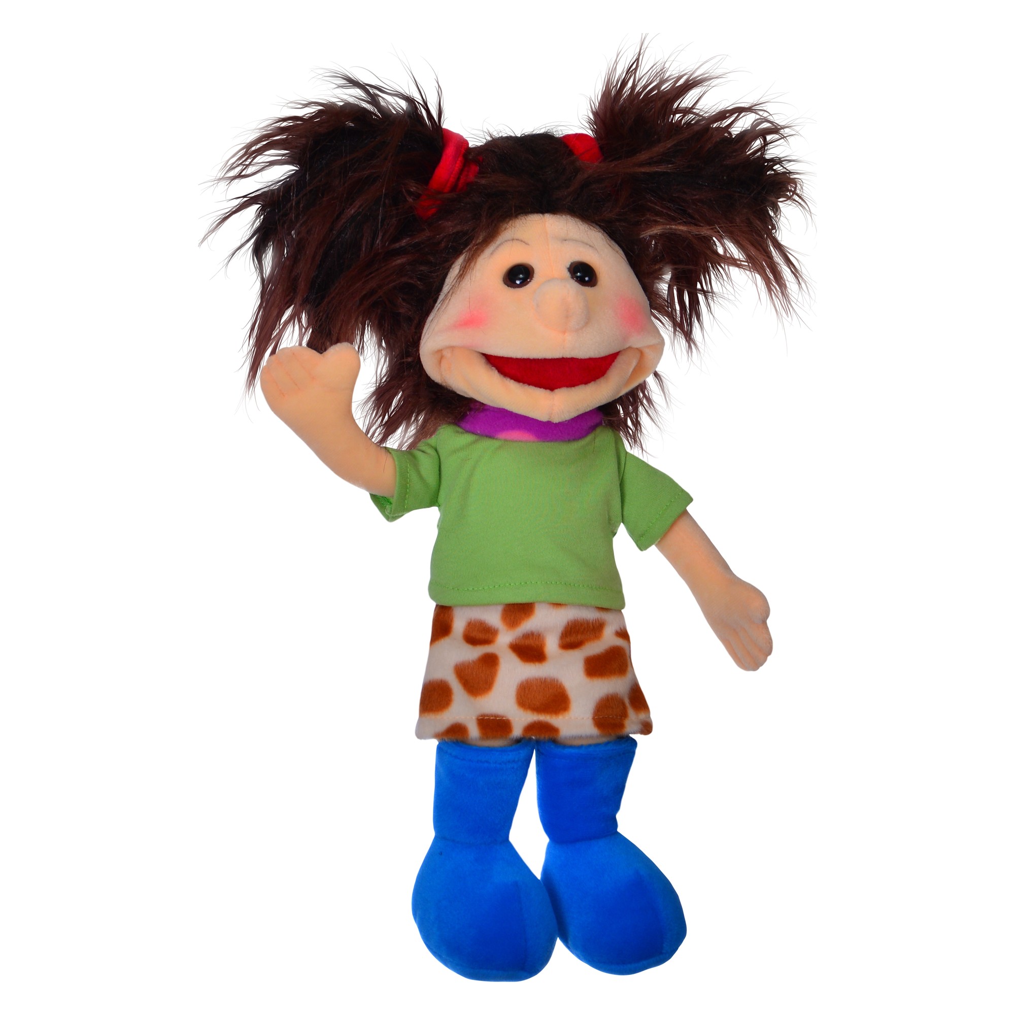 Living Puppets Handpuppe Yosie Mini mit dunkelbraunen Zöpfen, grünem Shirt, geflecktem Rock und blauen Schuhen, winkend