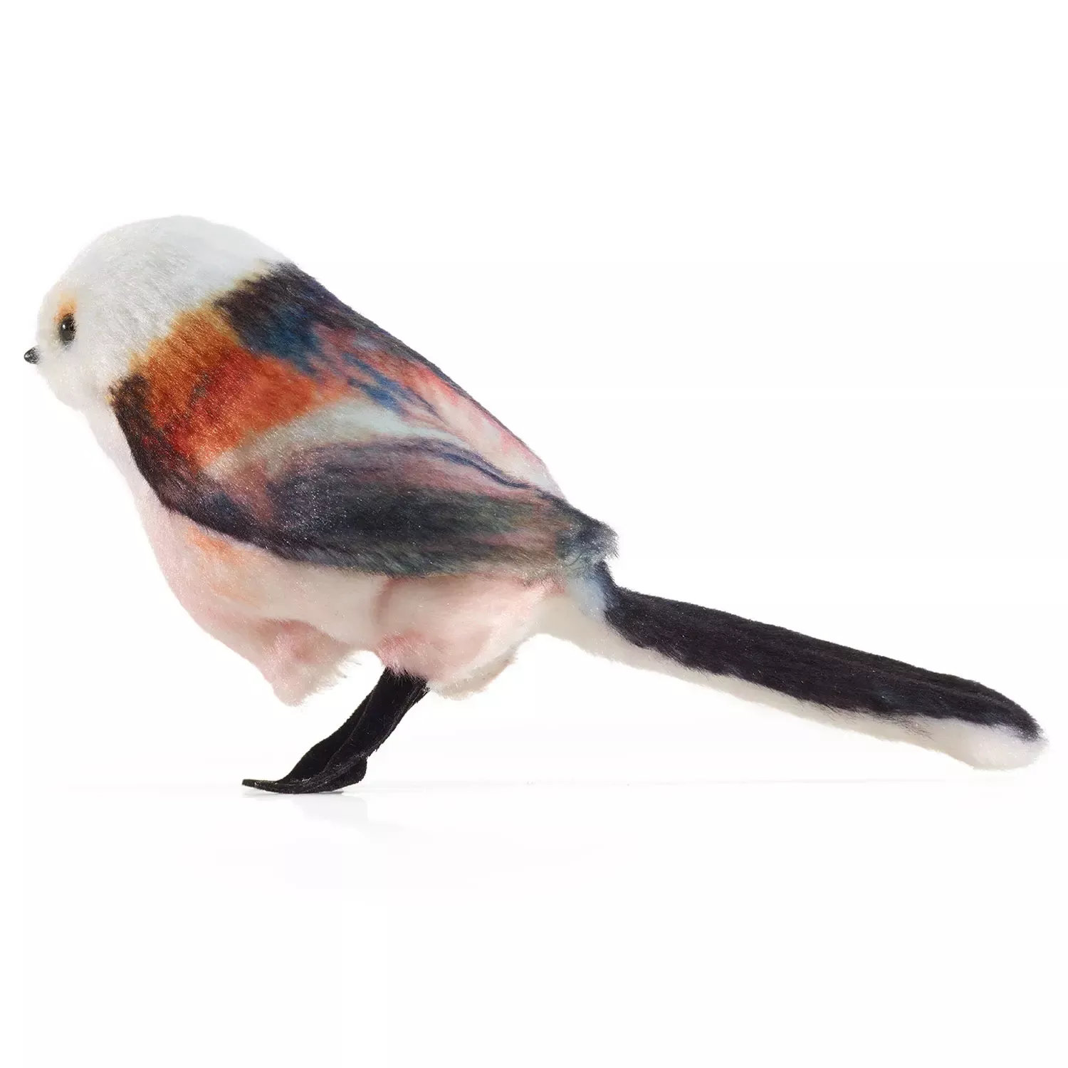 Folkmanis mini long-tailed tit finger puppet in side view with white head, rust-brown wing and long black tail