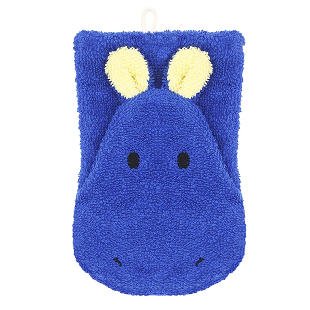 Fürnis organic washcloth hippo Hilde, blue shape with yellow round ears and black bead eyes