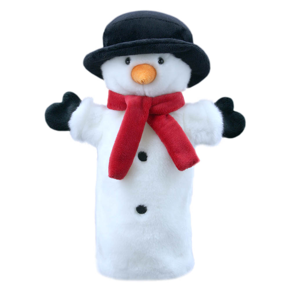 The Puppet Company Baby-Handpuppe Schneemann, weiße Handpuppe mit schwarzem Zylinder und rotem Schal