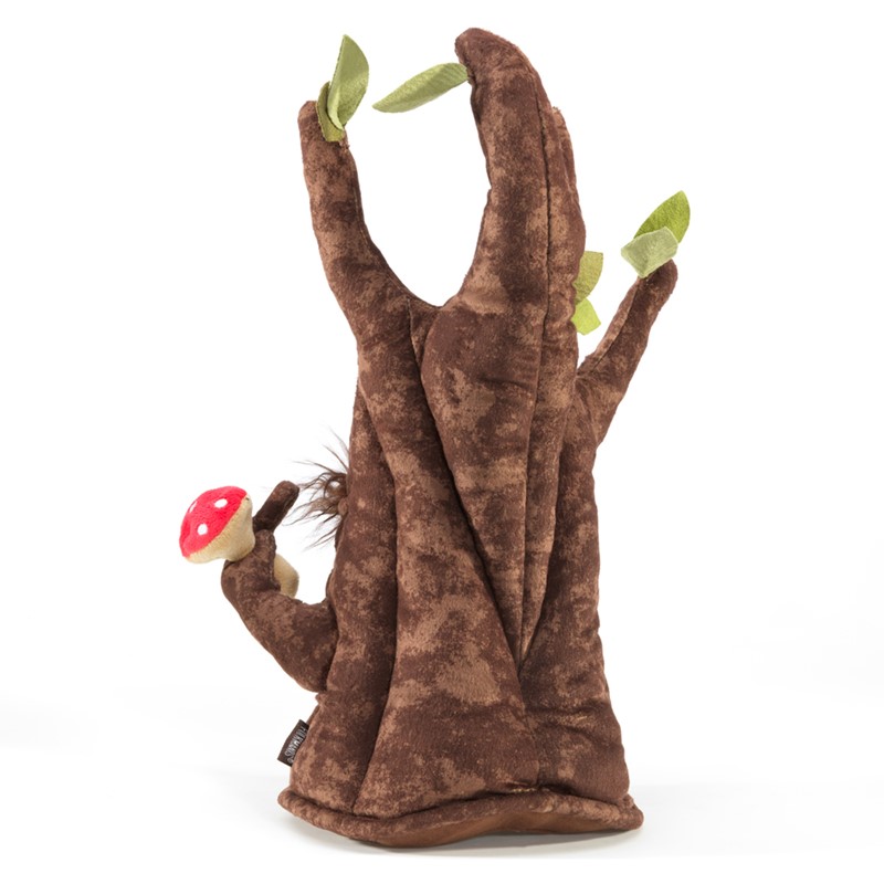 Folkmanis Handpuppe Zauberhafter Baum aus braunem Plüsch mit grünen Filzblättern und rotem Fliegenpilz, Seitenansicht