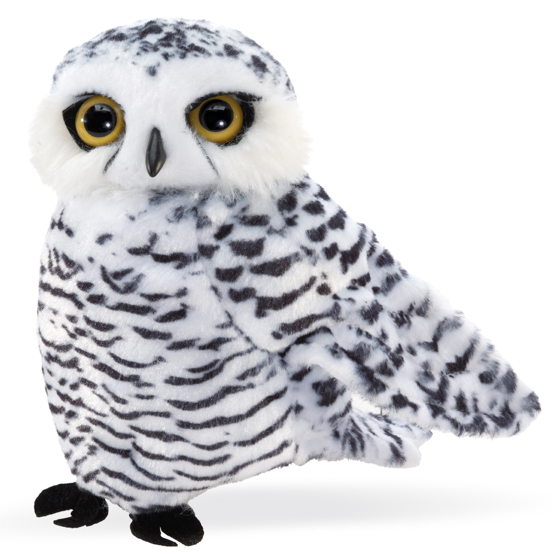Folkmanis Handpuppe kleine Schneeeule aus weißem Plüsch mit schwarz-weißer Musterung und goldgelben Augen, Frontansicht