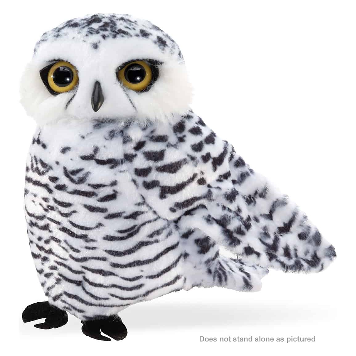 Folkmanis small snowy owl hand puppet made of white plush with black-and-white patterning and golden-yellow eyes, front view