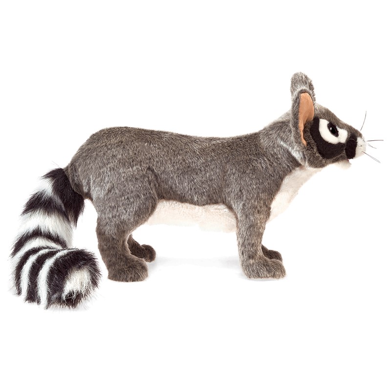 Folkmanis ringtail cat hand puppet in side view, grey-white fur, black eye mask, long black-and-white striped tail