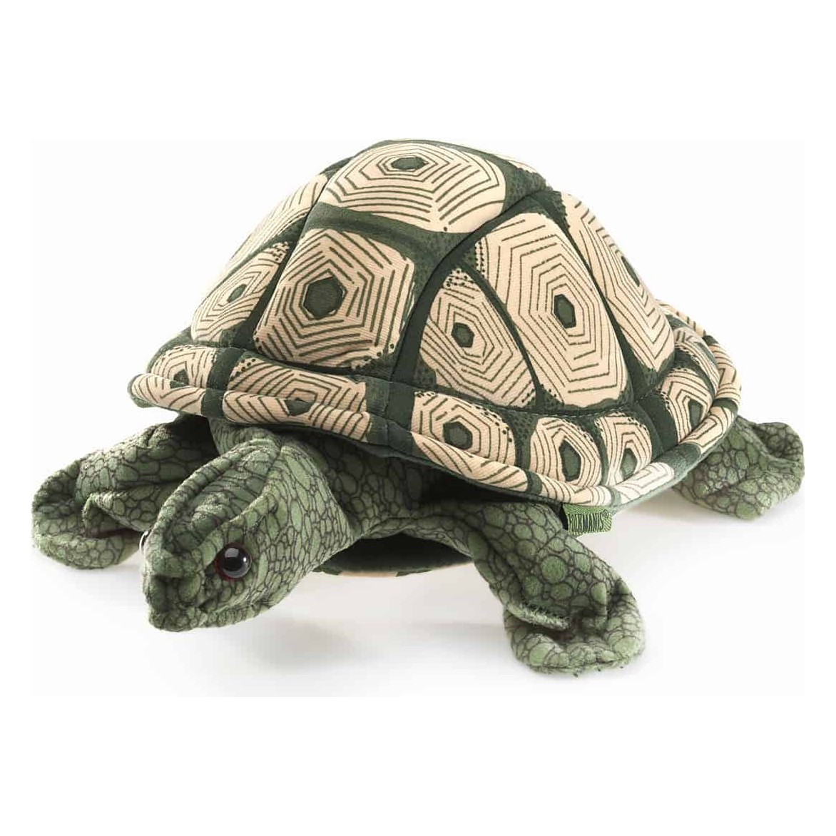Folkmanis Handpuppe Landschildkröte aus grünem Strukturplüsch mit detailliert gemustertem Panzer, Schrägansicht