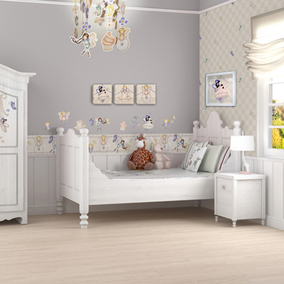 graham & brown 3D-Wanddekoration Heirloom, Kinderzimmer mit Feen-Bordüre, gerahmten Bildern und weißem Bett
