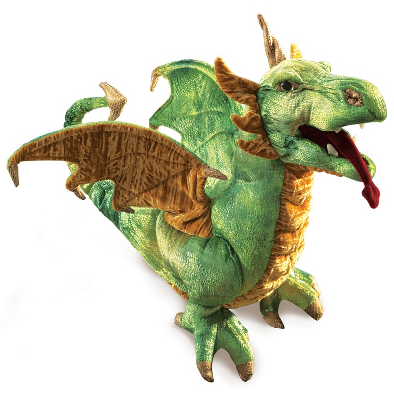 Folkmanis Handpuppe Lindwurm-Drache in Grün mit goldbraunen Flügeln, geöffnetem Maul und roter Zunge, Schrägansicht