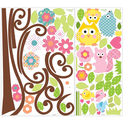 RoomMates wall decal Scroll Tree, two decal sheets with tree trunk, owl, squirrel and blossom motifs on a white background