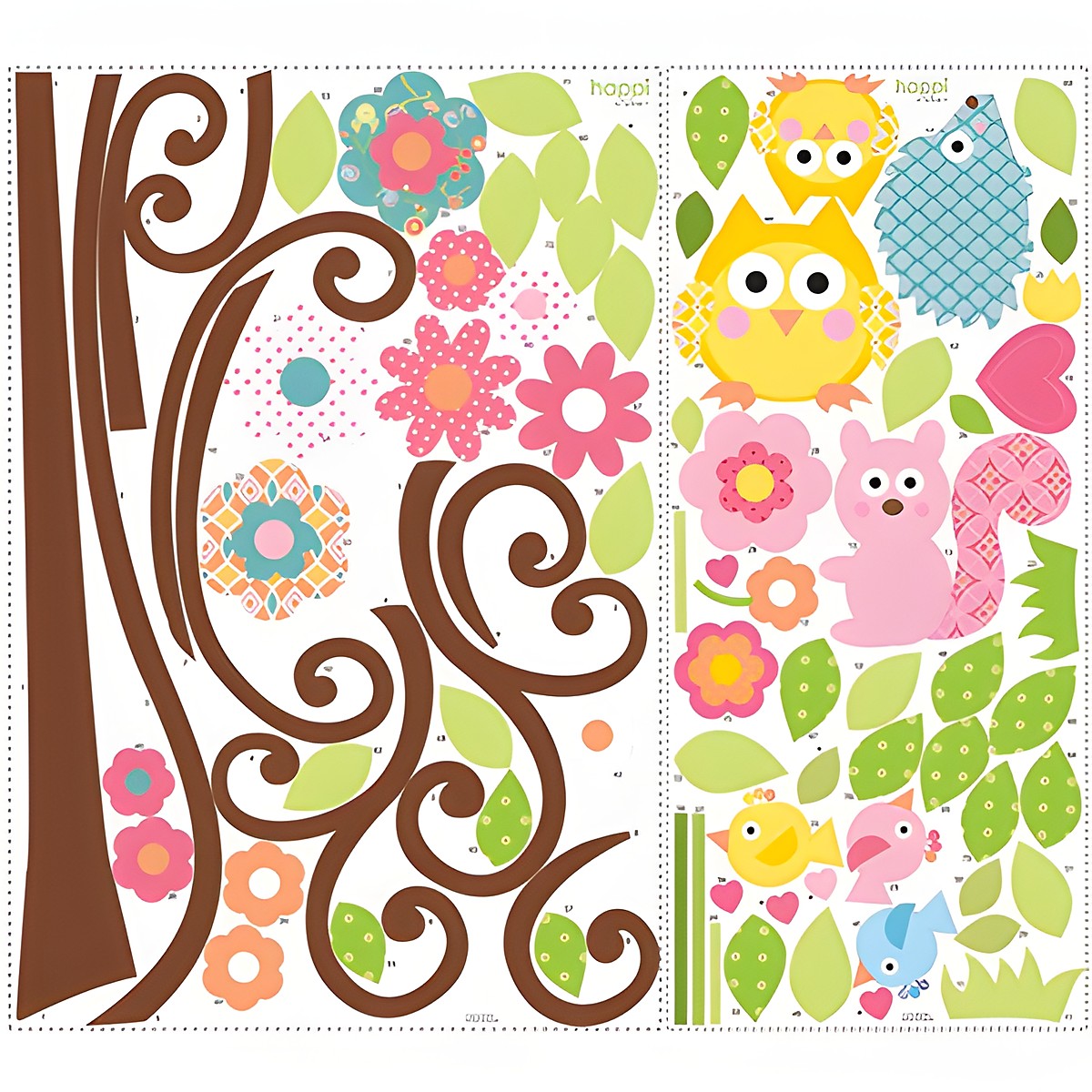 RoomMates wall decal Scroll Tree, two decal sheets with tree trunk, owl, squirrel and blossom motifs on a white background