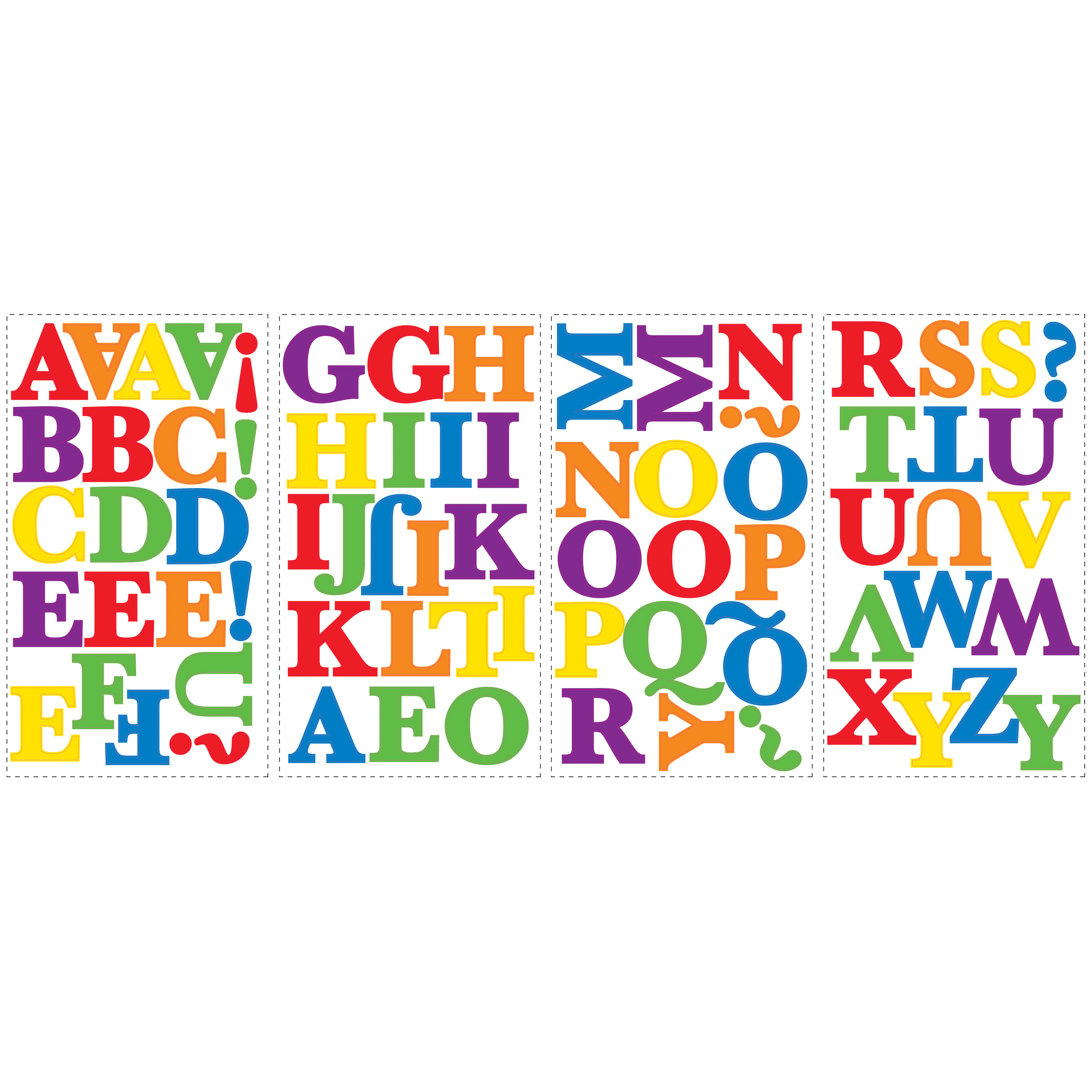RoomMates Wandsticker Colourful Alphabet, vier Klebebögen mit bunten Buchstaben und Satzzeichen auf weißem Untergrund