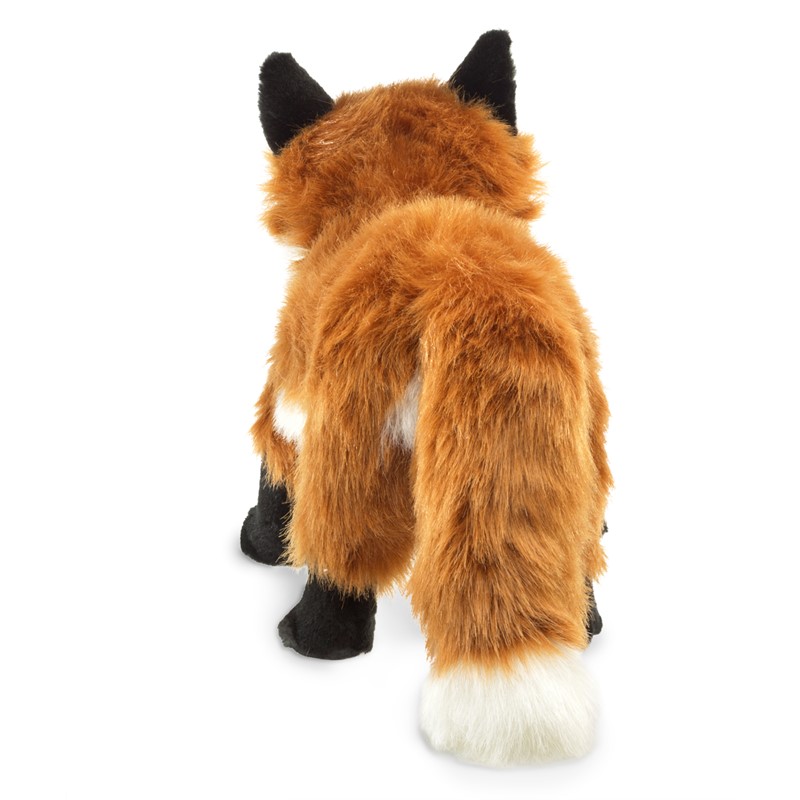 Folkmanis Handpuppe großer Rotfuchs von hinten mit rotbraunem Fell, schwarzen Pfoten und buschigem Schwanz mit weißer Spitze
