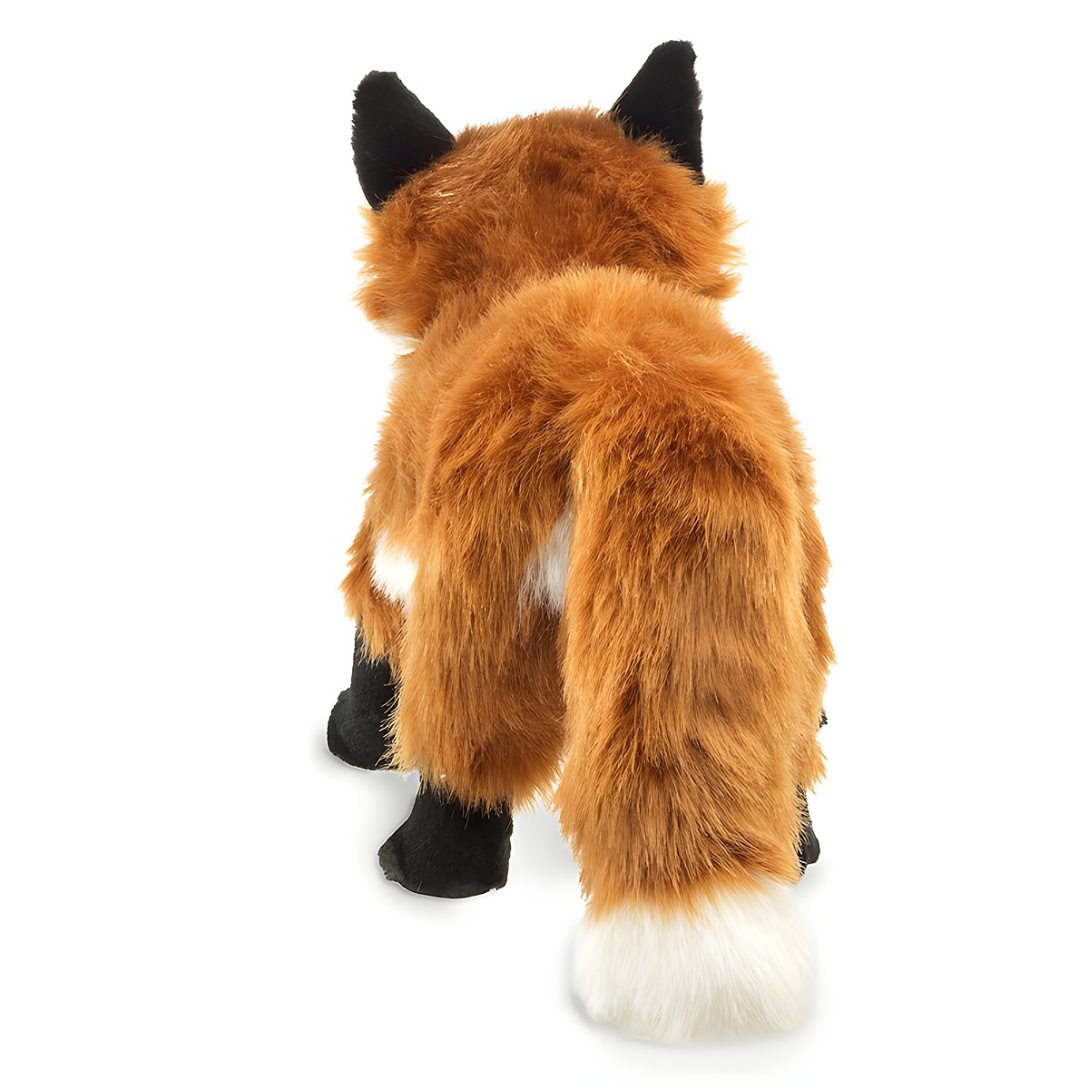 Folkmanis large red fox hand puppet seen from behind with reddish-brown fur, black paws and a bushy tail with a white tip