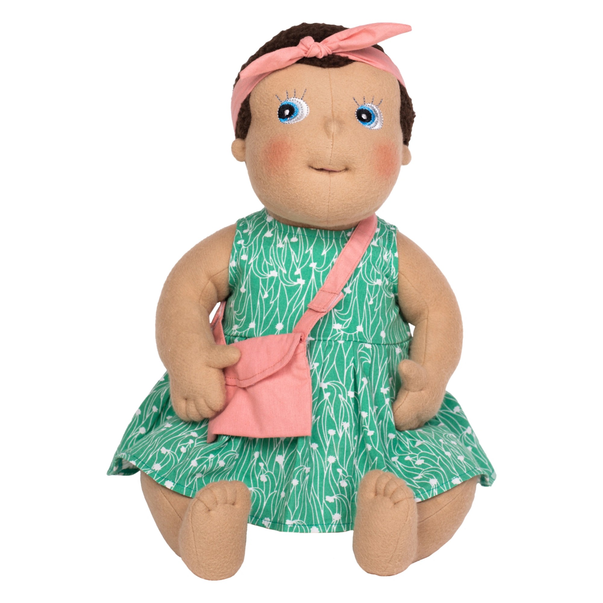Rubens Barn baby doll in the green dress with pink hairband and bag from the dress set