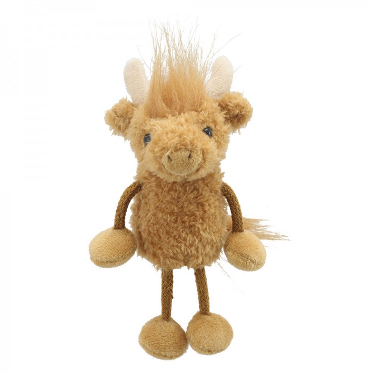 The Puppet Company Fingerpuppe Hochlandkuh, beige zottelige Fingerpuppe mit langem Pony und kleinen Hörnern