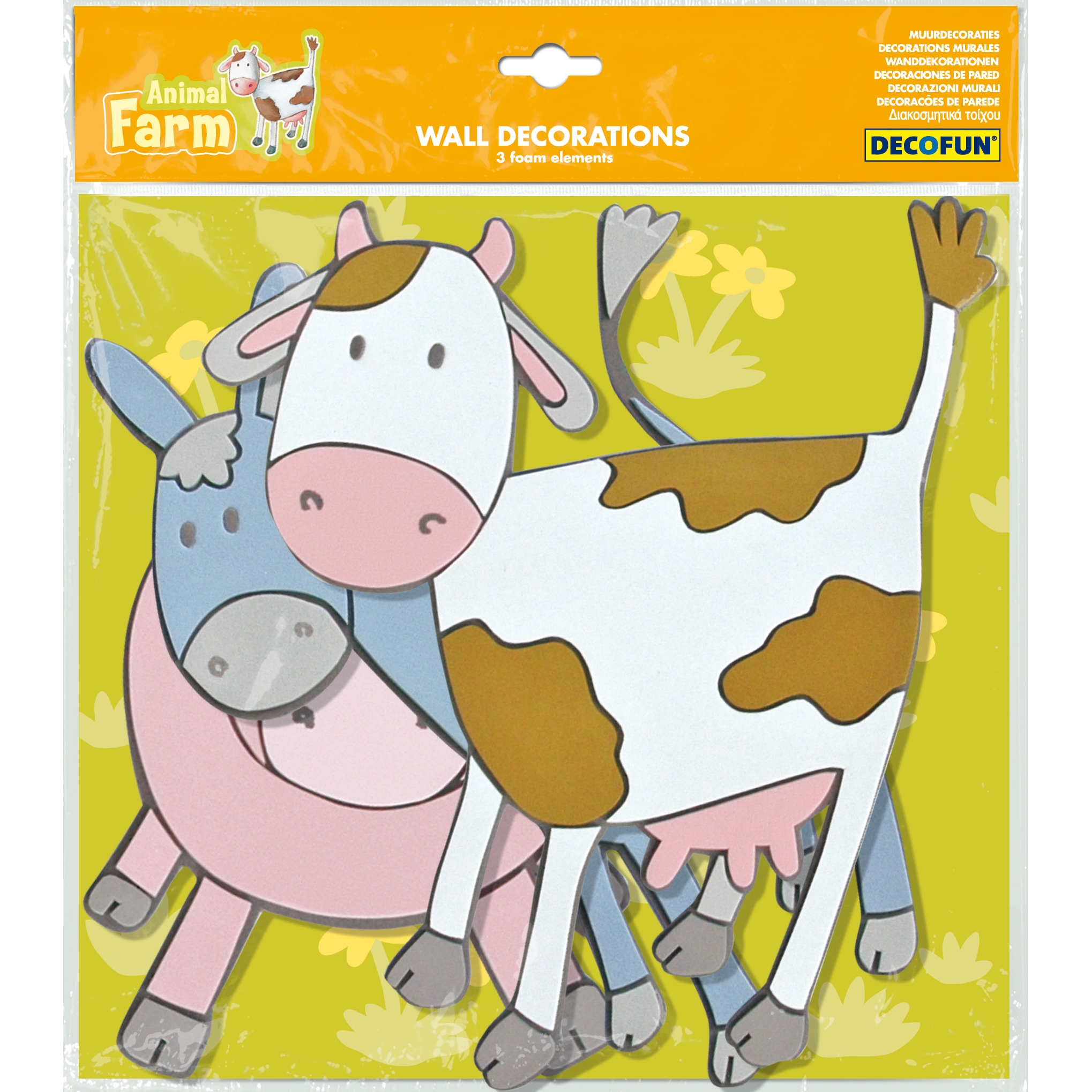 decofun Wanddekoration Animal Farm Verpackung, Kuh, Esel und Schweinchen auf gelber Blisterkarte mit Aufschrift Wall Decorations