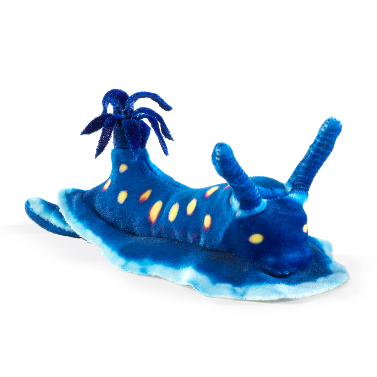 Folkmanis Fingerpuppe mini Ozeanschnecke in leuchtendem Blau mit gelb-orangen Flecken, Kiemenbusch und zwei Tentakeln, Seitenansicht