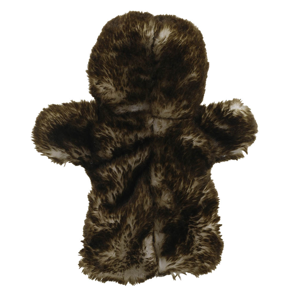 The Puppet Company baby hand puppet sloth, back view showing mottled brown and beige fur
