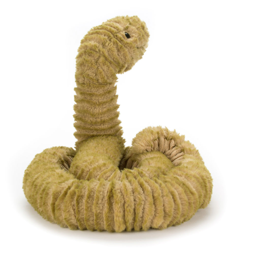 Jellycat Kuscheltier Slither Snake, olivgrünes geripptes Plüschtier, geringelt mit aufgerichtetem Kopf, Frontansicht