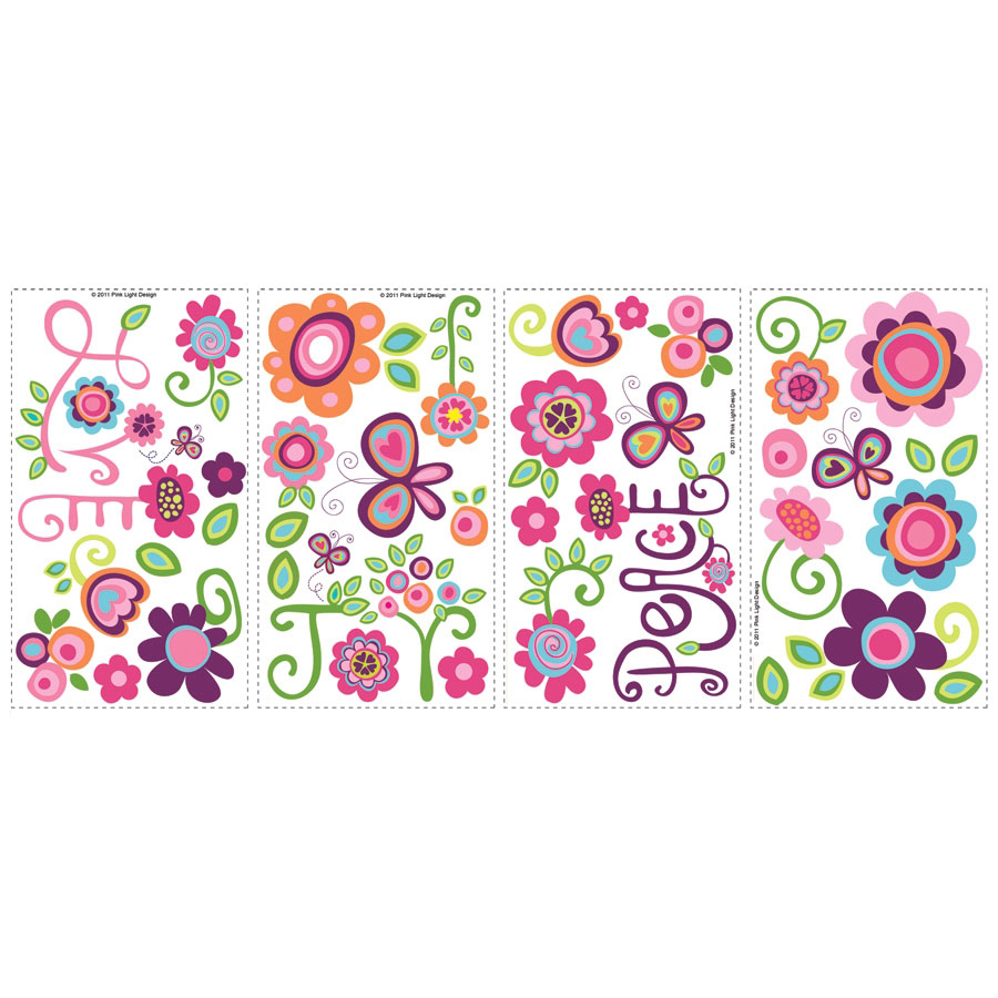 RoomMates wall decal Love Joy Peace, four decal sheets with flower, butterfly and lettering motifs on a white background