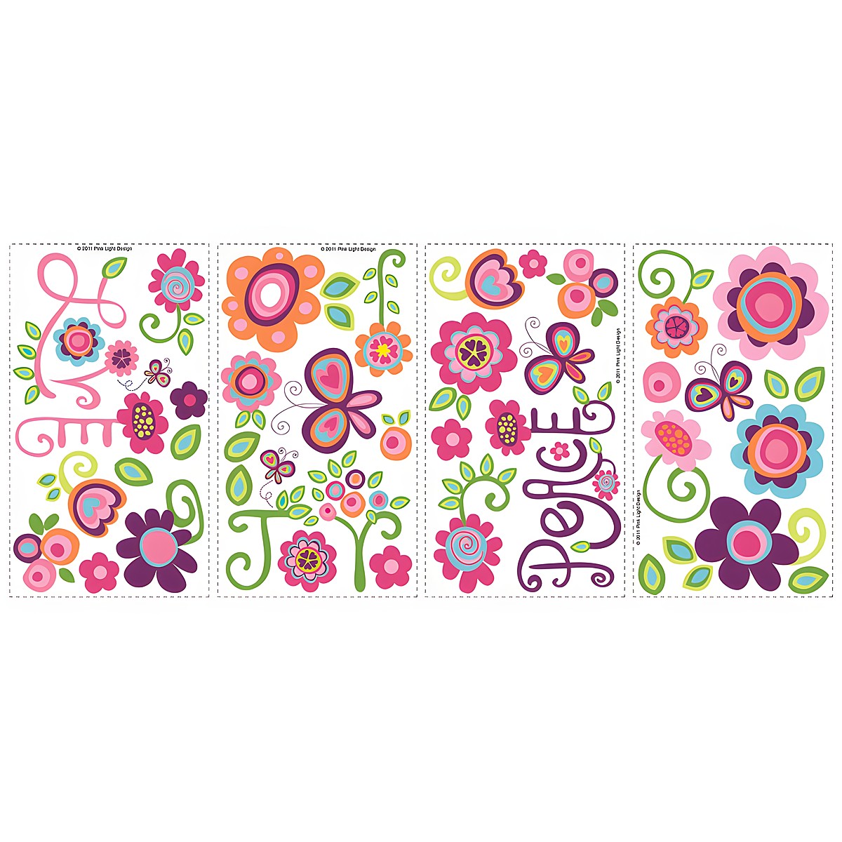 RoomMates wall decal Love Joy Peace, four decal sheets with flower, butterfly and lettering motifs on a white background