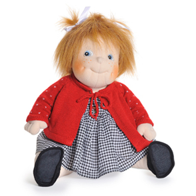 Rubens Barn Kindy-Puppe Anna mit roter Strickjacke, kariertem Kleid und Haarschleife