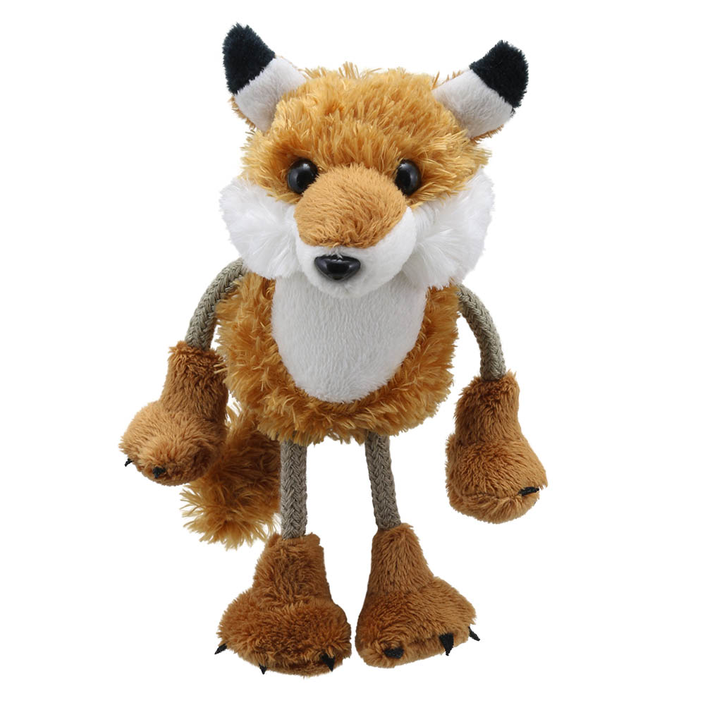 The Puppet Company Fingerpuppe Fuchs, orangefarbener Fuchs mit weißer Brust und langen Stoffbeinen, Frontansicht