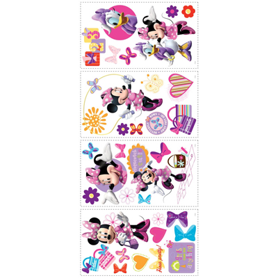 RoomMates wall decal Disney Minnie's Bow-tique Mickey Mouse Friends, four decal sheets with Minnie Mouse and bow motifs on a white background