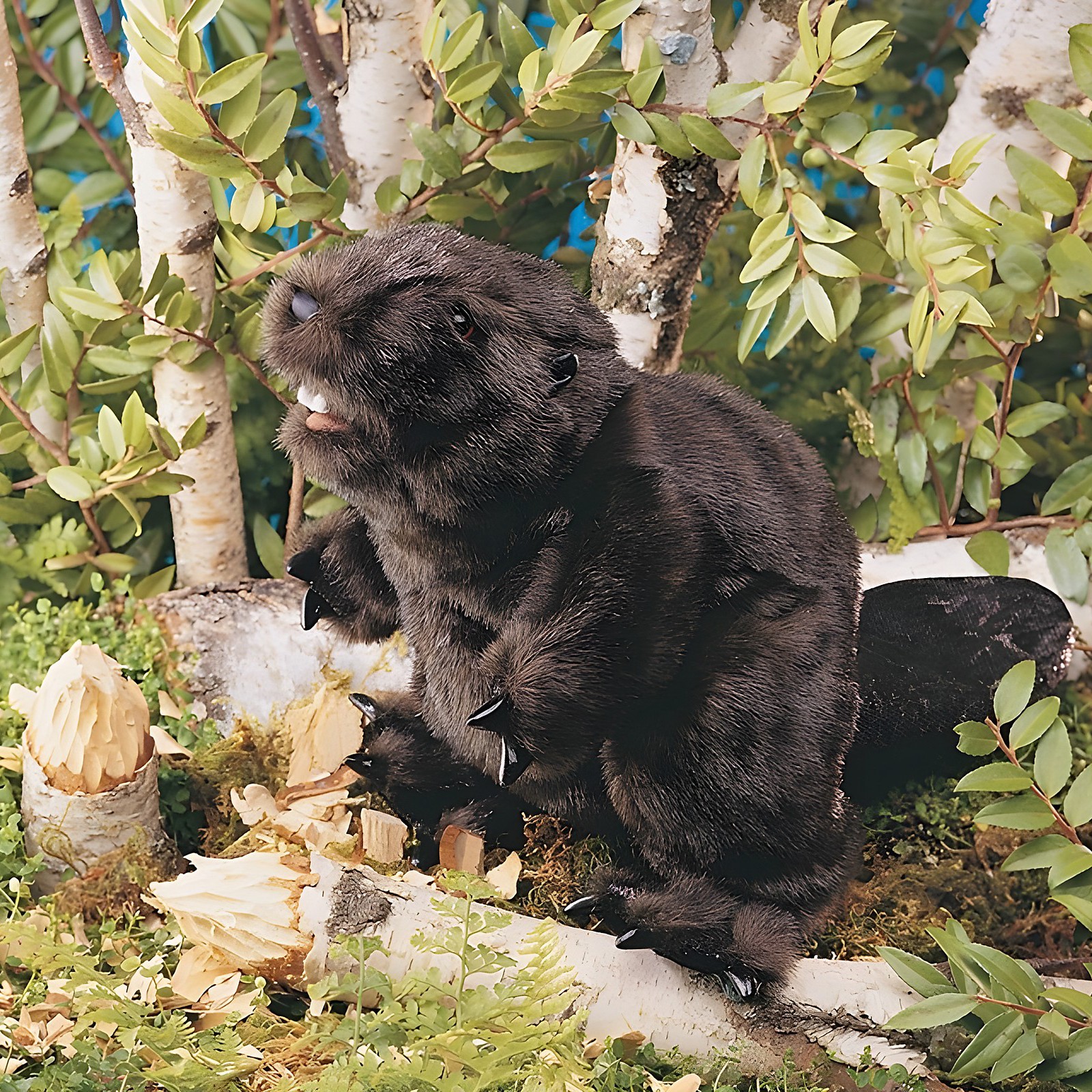 Folkmanis Handpuppe Biber mit dunkelbraunem Fell, sichtbaren Nagezähnen und Krallen, aufgerichtet auf einem Birkenstamm in Naturkulisse