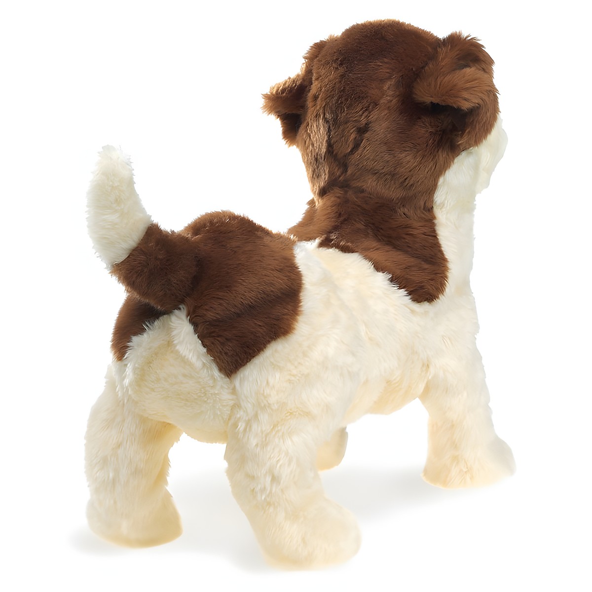 Folkmanis Handpuppe Jack Russell Terrier, stehend, braun-weißes Plüschfell, Rückansicht