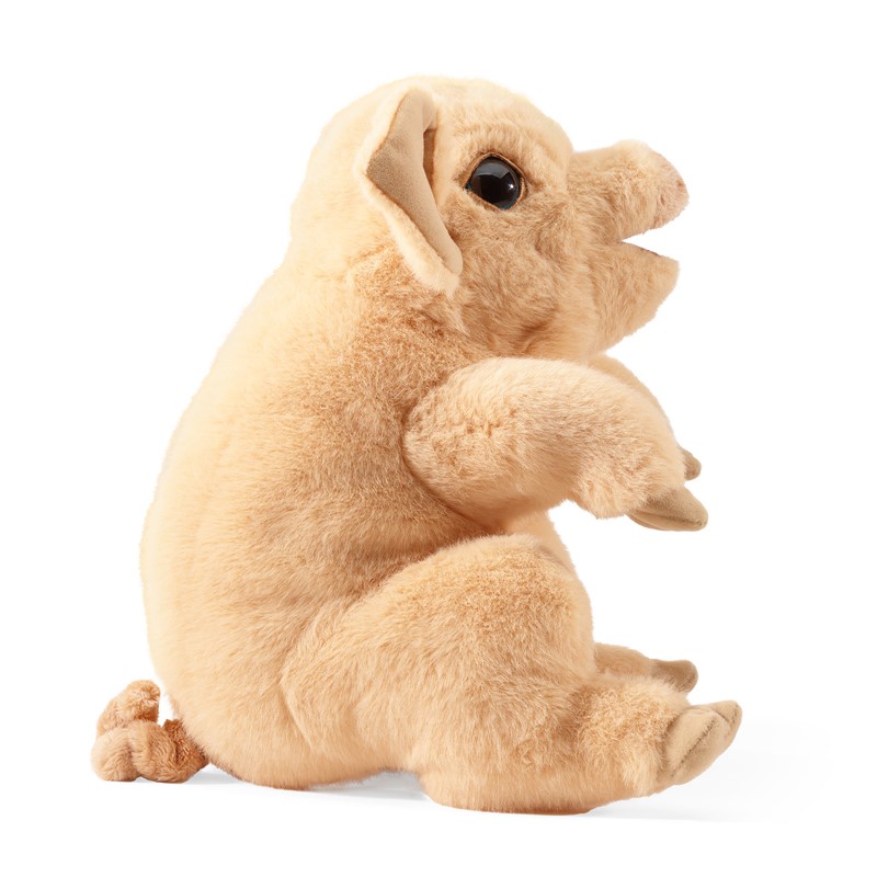Folkmanis Handpuppe Schweinchen in hellem Beige mit geöffnetem Maul, Seitenansicht auf weißem Hintergrund