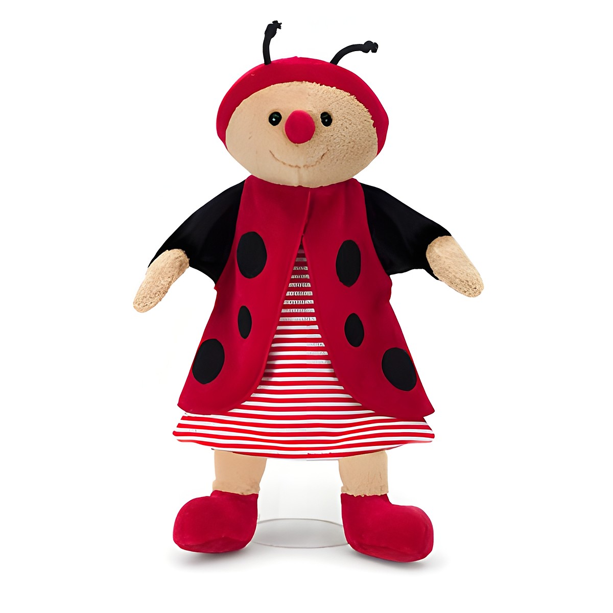 Sterntaler Baby-Handpuppe Marienkäfer Marie, roter Umhang mit schwarzen Punkten über rot-weiß gestreiftem Kleid