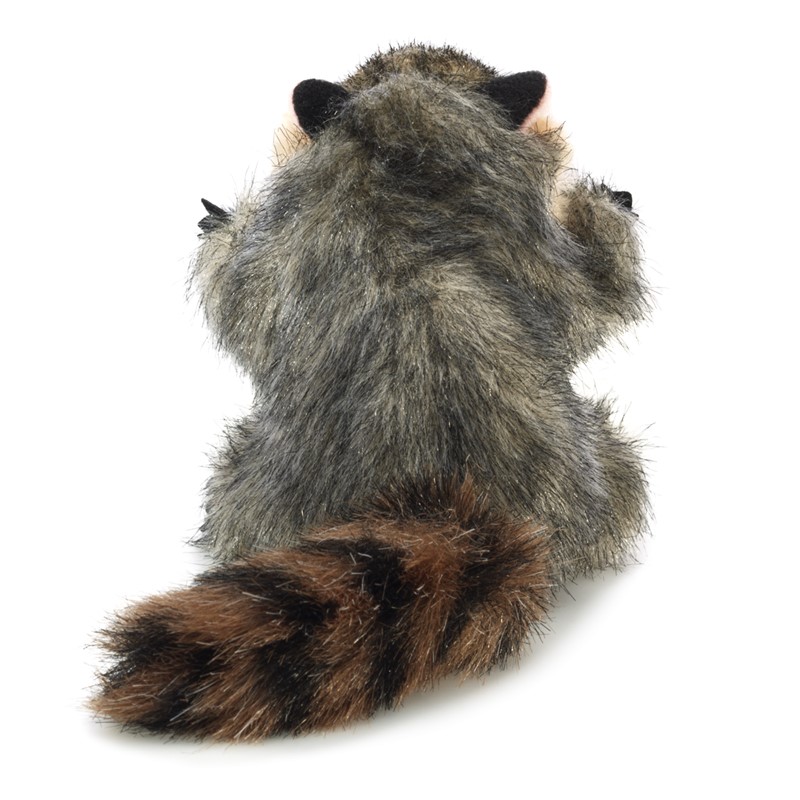 Folkmanis Fingerpuppe mini Waschbär von hinten mit geringeltem braunem Schwanz und grau-meliertem Fell