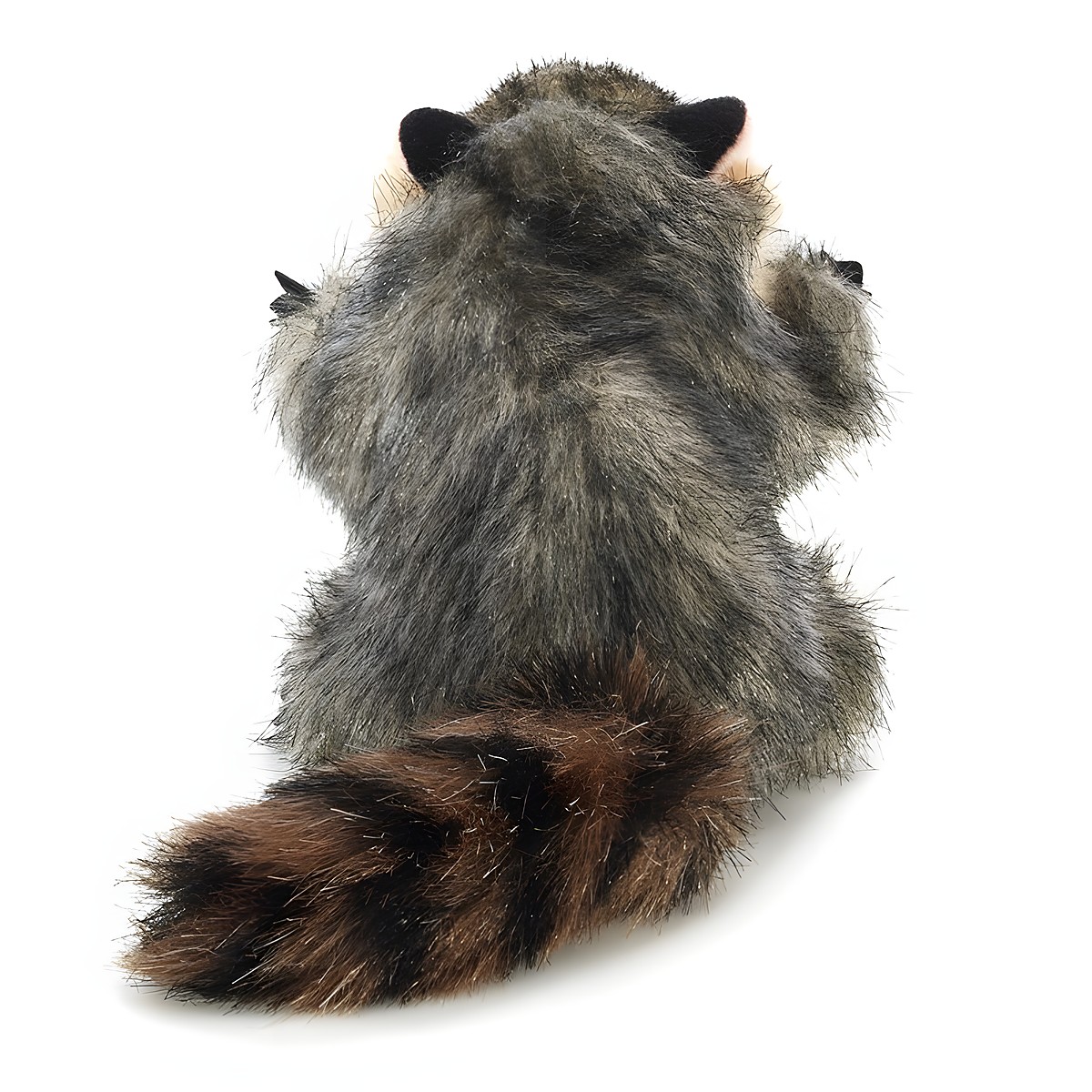 Folkmanis Fingerpuppe mini Waschbär von hinten mit geringeltem braunem Schwanz und grau-meliertem Fell