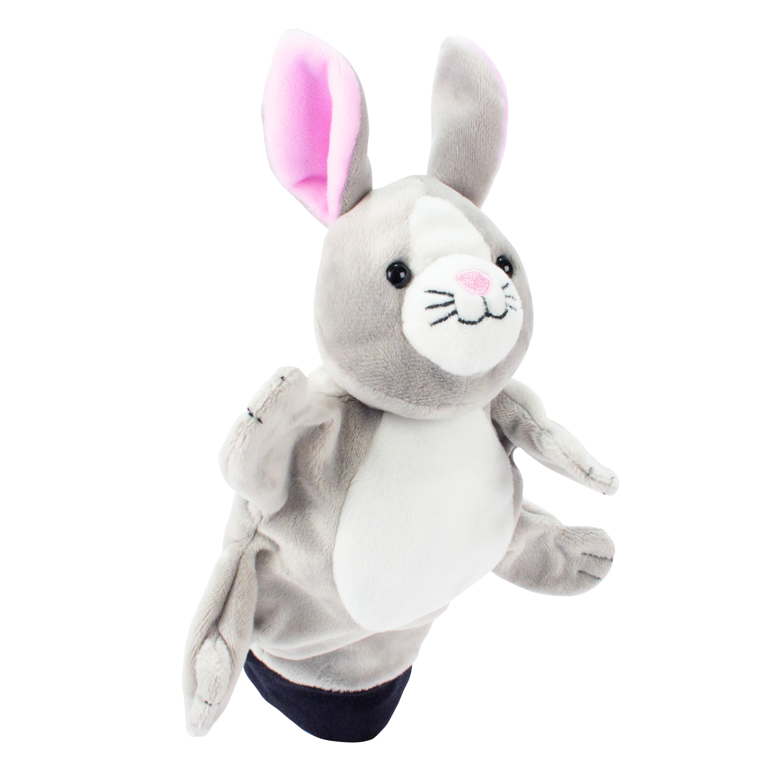 Beleduc Handpuppe Hase mit grauem Fell, weißem Bauch, langen Ohren mit rosa Innenseite