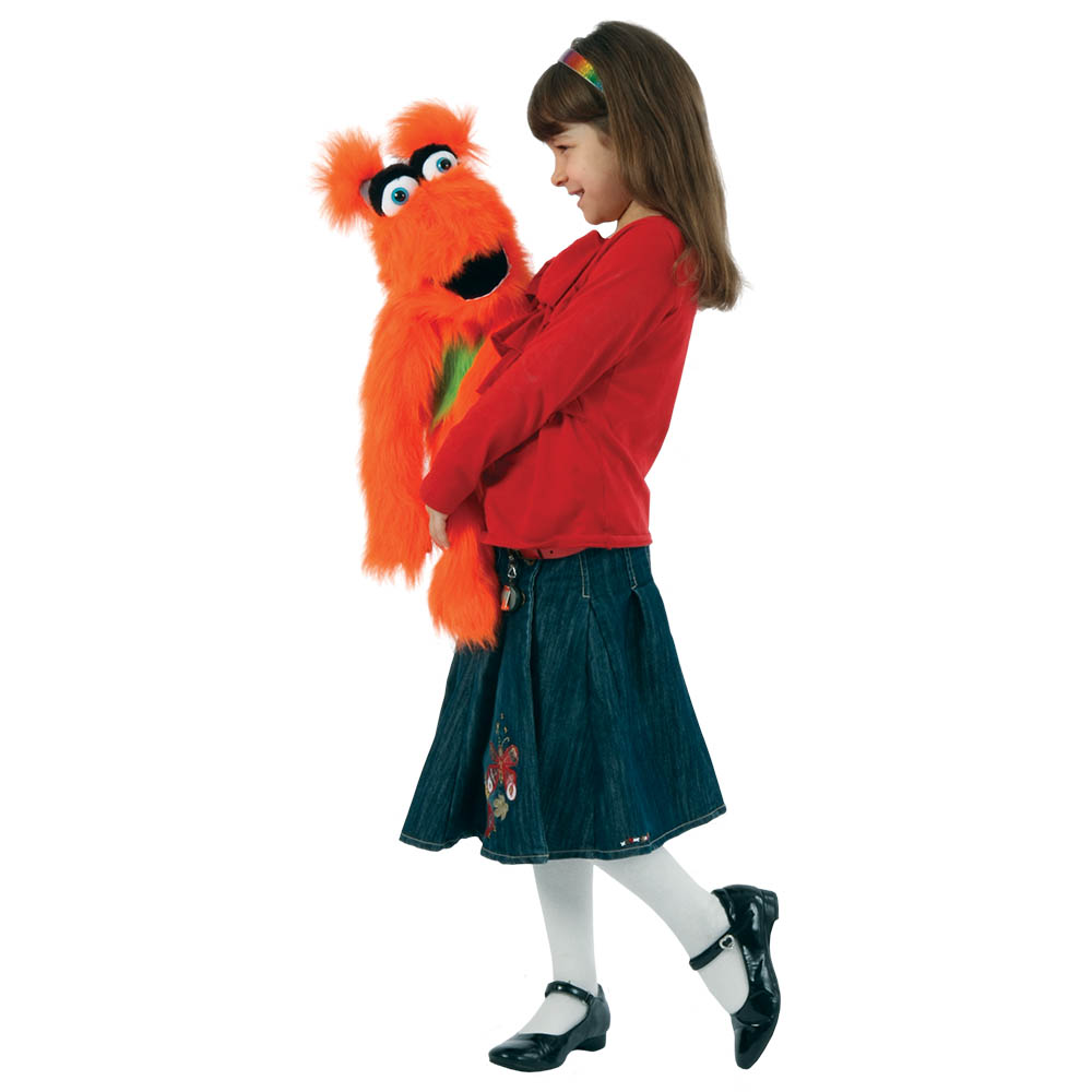 Girl wearing the The Puppet Company orange monster hand puppet on her arm, usage example