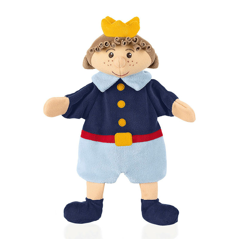 Sterntaler baby hand puppet prince, yellow crown, navy jacket with yellow buttons and a red belt