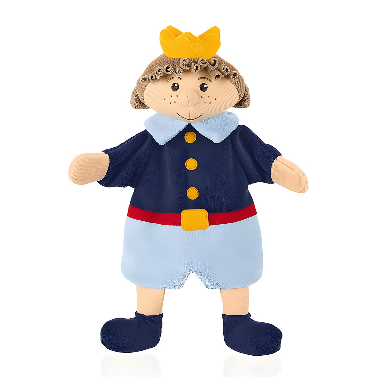 Sterntaler Baby-Handpuppe Prinz, gelbe Krone, dunkelblaue Jacke mit gelben Knöpfen und rotem Gürtel