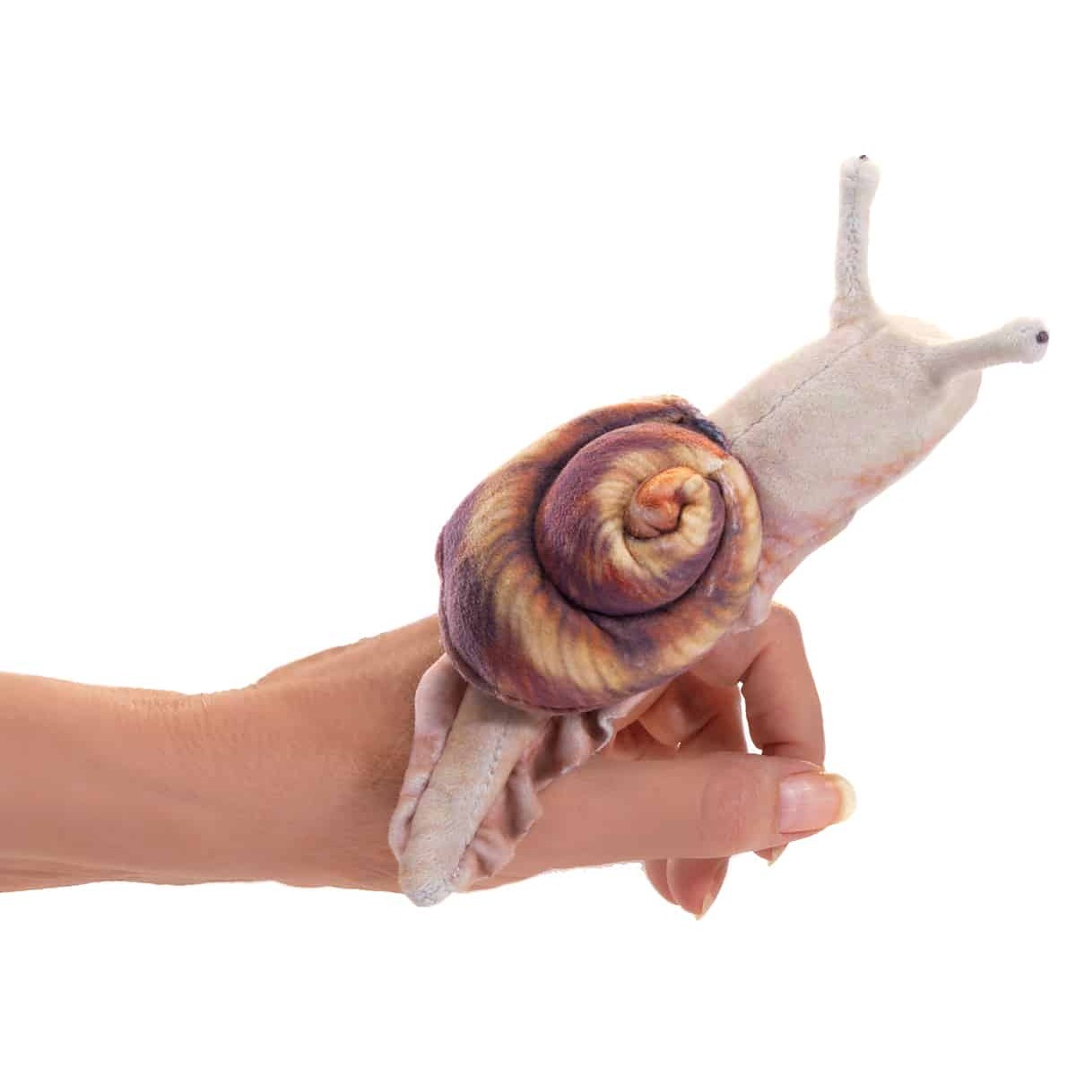Folkmanis Fingerpuppe mini Schnecke mit gewundenem braun-violettem Schneckenhaus und ausgestreckten Fühlern auf einer Hand