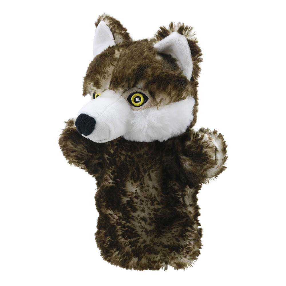 The Puppet Company Baby-Handpuppe Wolf, grau-brauner Wolf mit gelben Augen, Nahaufnahme