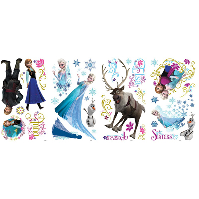 RoomMates wall decal Disney Frozen, four decal sheets with Elsa, Anna, Olaf and Sven motifs plus snowflakes on a white background