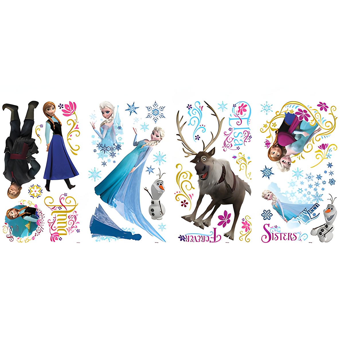 RoomMates wall decal Disney Frozen, four decal sheets with Elsa, Anna, Olaf and Sven motifs plus snowflakes on a white background