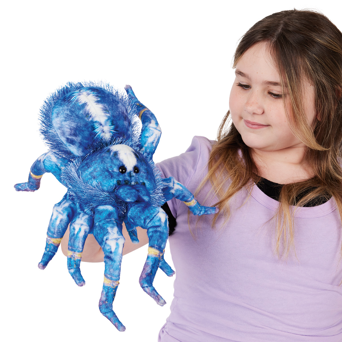 Folkmanis Handpuppe Blaue Ornament-Vogelspinne in Blau-Weiß auf der Hand eines Mädchens, Frontansicht mit erhobenen Vorderbeinen