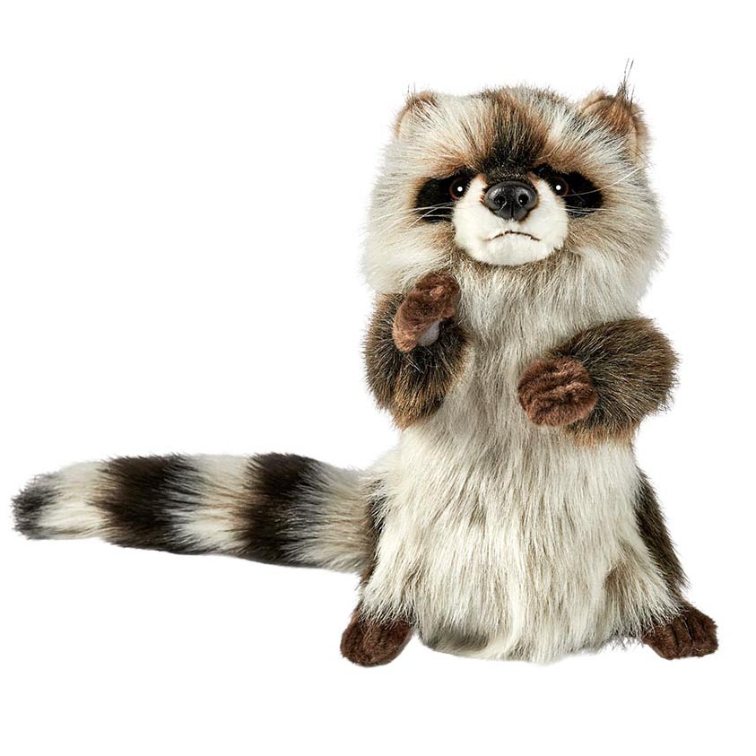 Waschbär Handpuppe von Hansa Creation mit graubraunem Fell, dunkler Augenmaske und geringeltem Schwanz