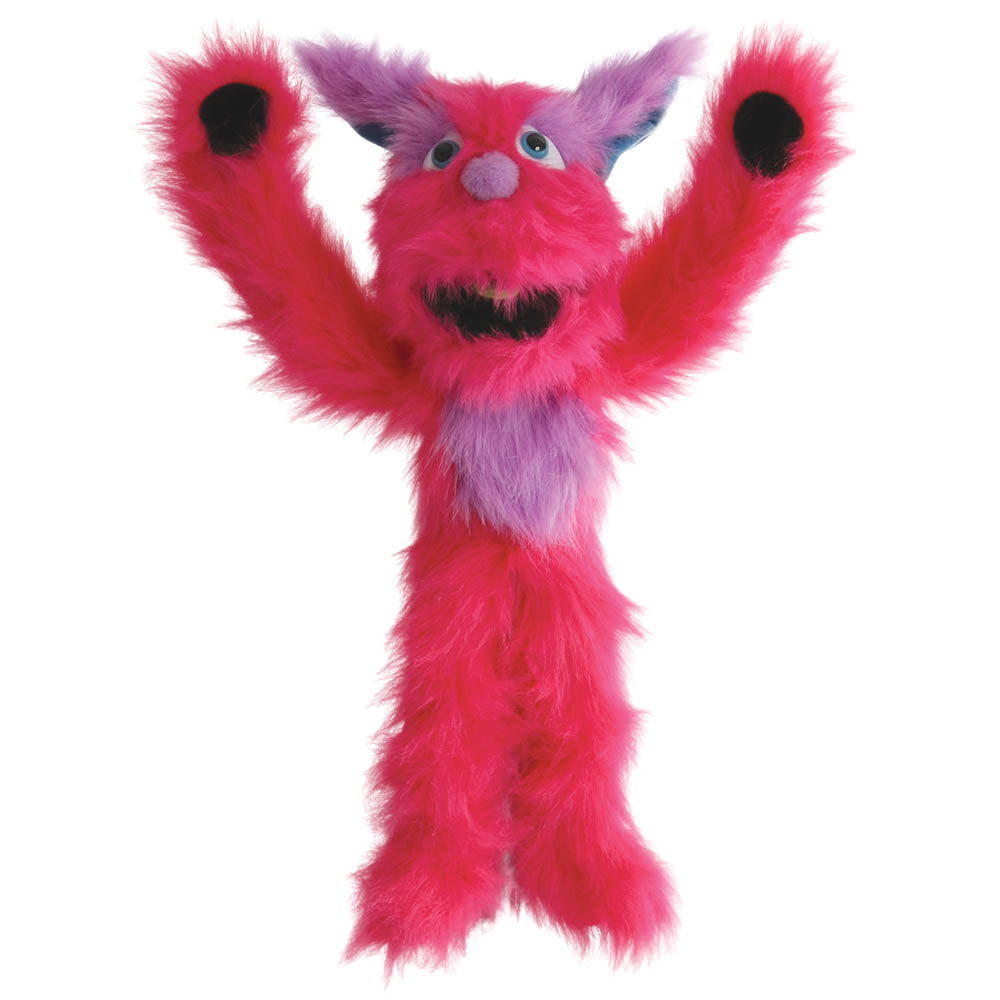 The Puppet Company Handpuppe Monster Pink, pinkfarbenes zottiges Monster mit lila Ohren, Arme nach oben gestreckt
