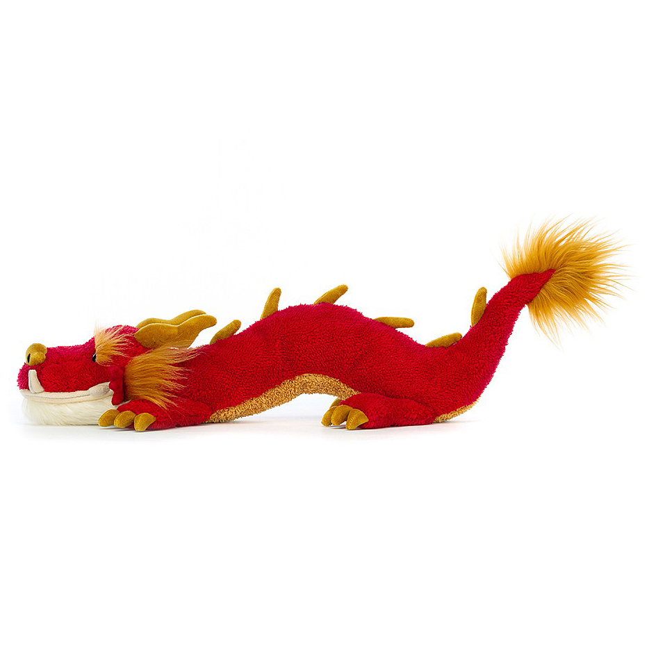Jellycat plush toy Festival Dragon, red lying plush toy with a golden mane, side view