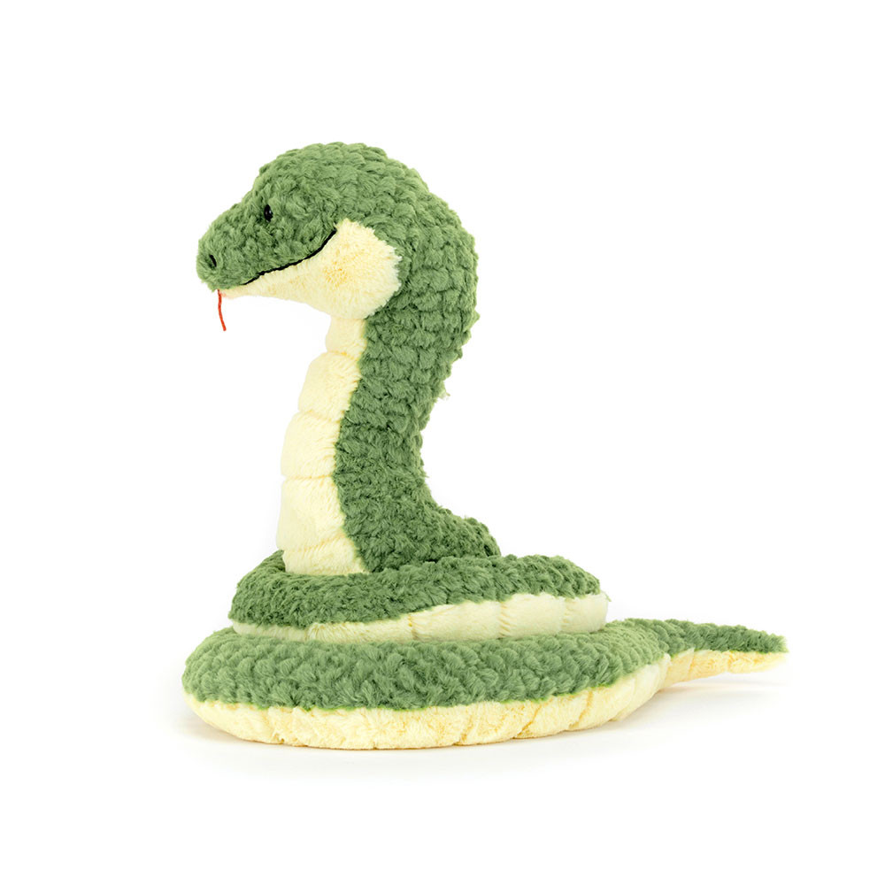 Jellycat Kuscheltier Schlange Cizi Snake, grün-gelbes geringeltes Plüschtier, aufgerichtet in Seitenansicht