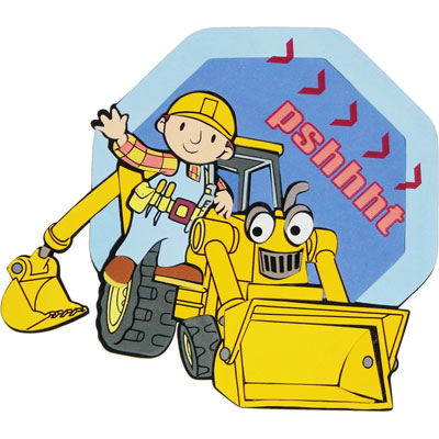 decofun Wanddekoration Bob der Baumeister Einzelmotiv, Bob winkend auf gelbem Bagger mit Sprechblase pshhht