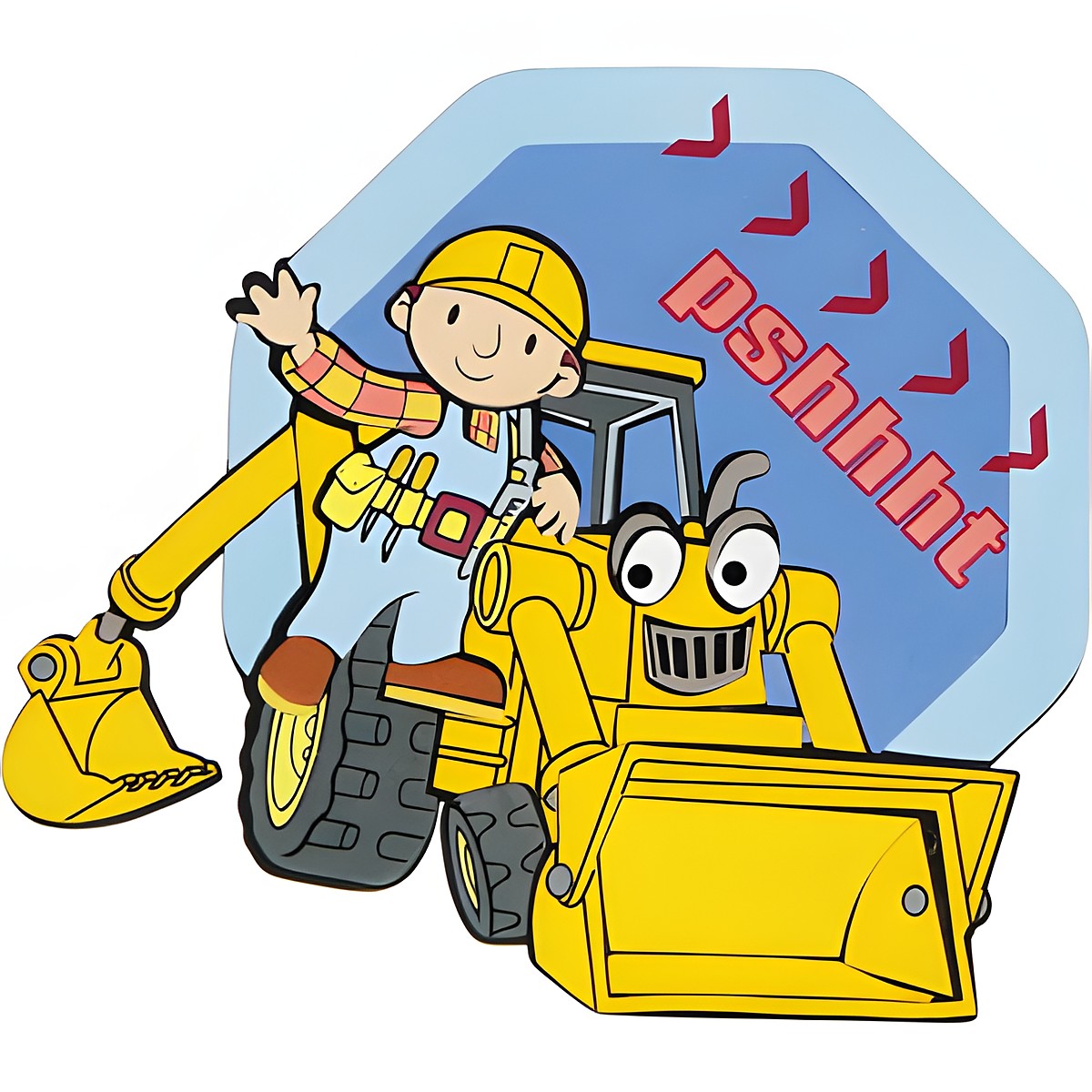 decofun wall decoration Bob the Builder single motif, Bob waving on his yellow digger with a pshhht speech bubble