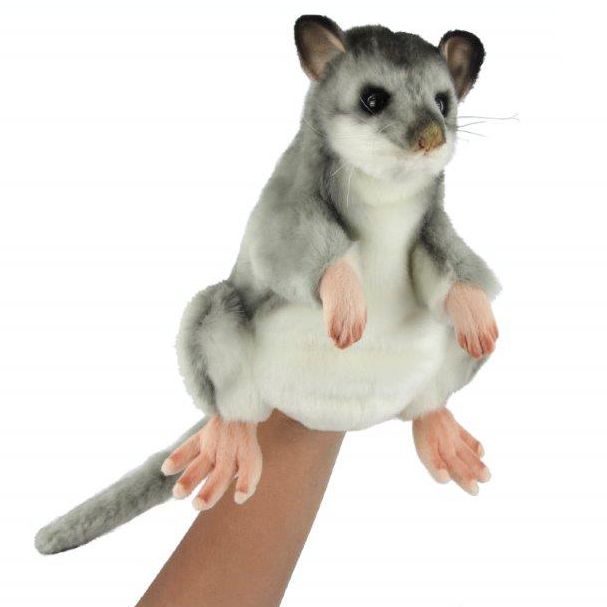 Siebenschläfer Handpuppe von Hansa Creation mit grauem Fell, weißem Bauch und buschigem Schwanz