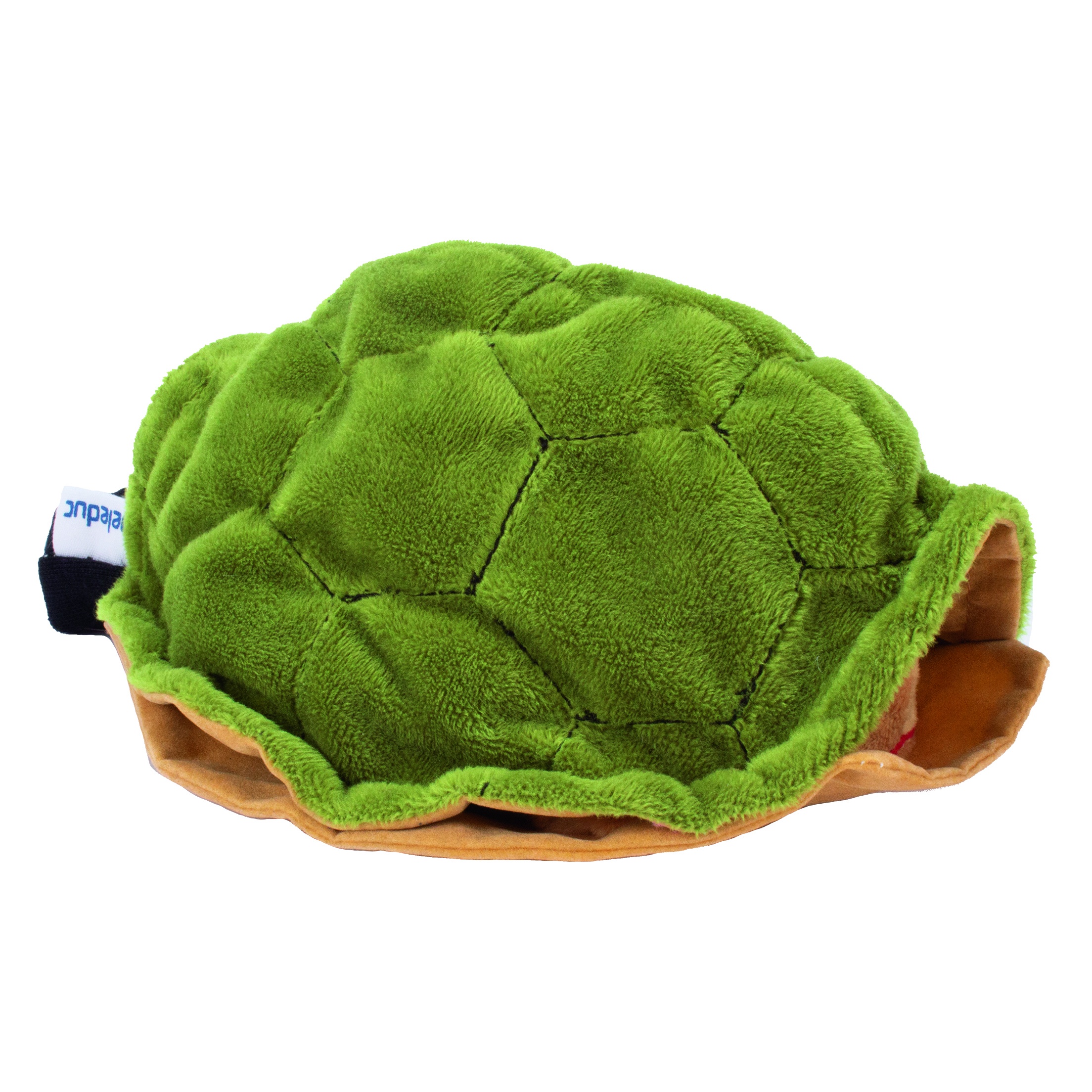 Beleduc hand puppet turtle, back view of the green shell with no head visible
